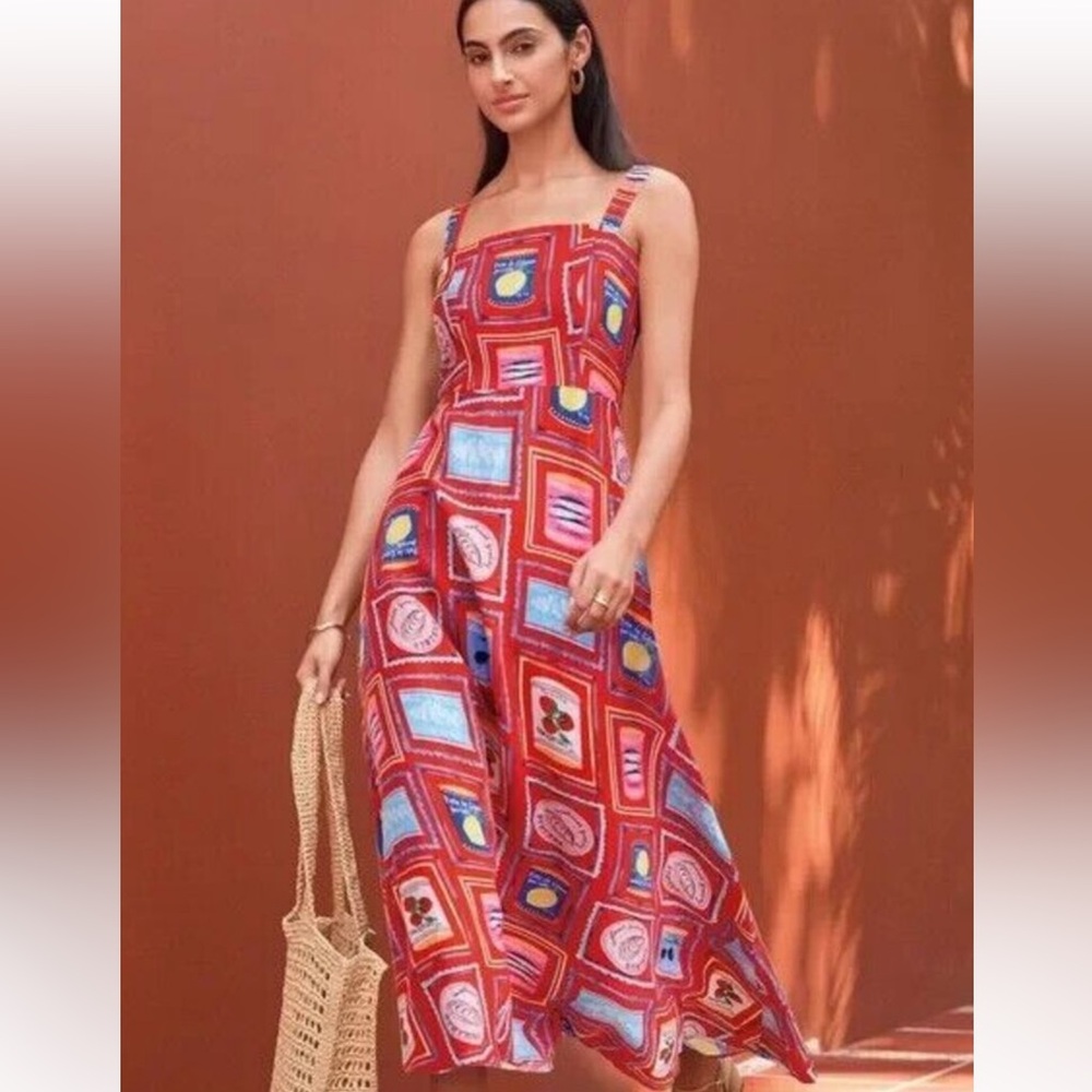 Loft sleeveless linen blend Colorful Patterned Maxi Dress red multi 14